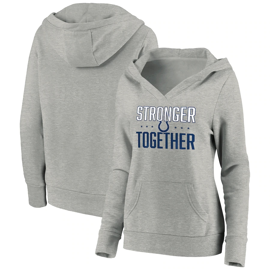 Women's Indianapolis Colts Heather Gray Stronger Together Crossover Neck Pullover Hoodie(Run Small)